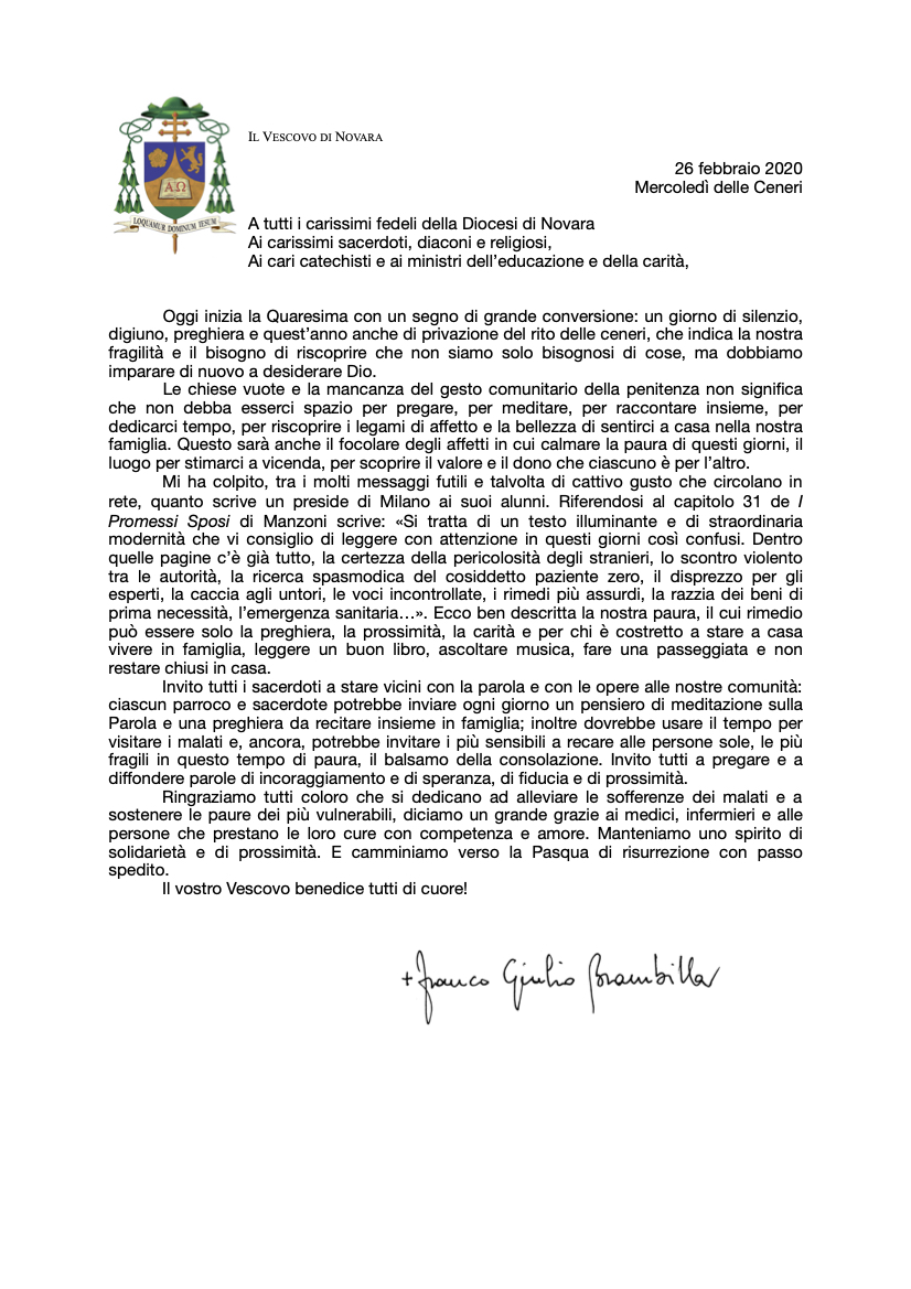 Quaresima Lettera del nostro Vescovo