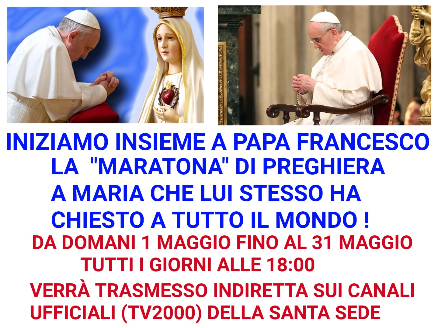 Maratona di preghiera mariana con papa Francesco – ogni giorno alle 18