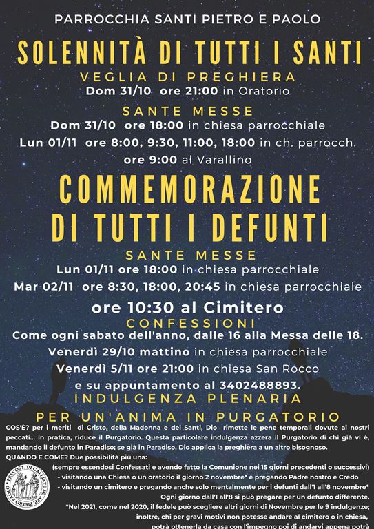 Tutti i Santi e Commemorazione di tutti i Defunti 2021 – Orari Messe, Confessioni, Veglia di Preghiera, Indulgenza plenaria