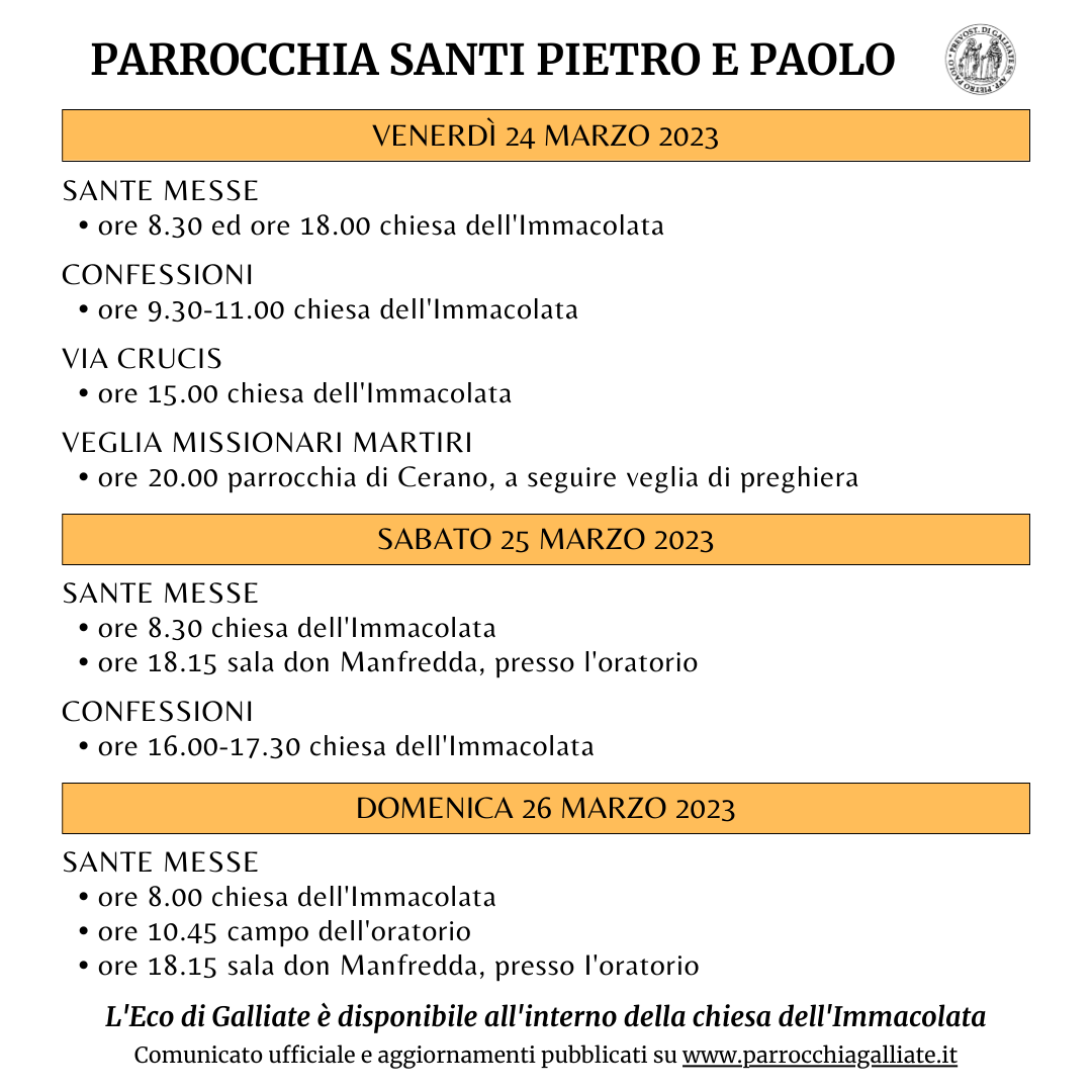 Orari messe fine settimana 24 Marzo