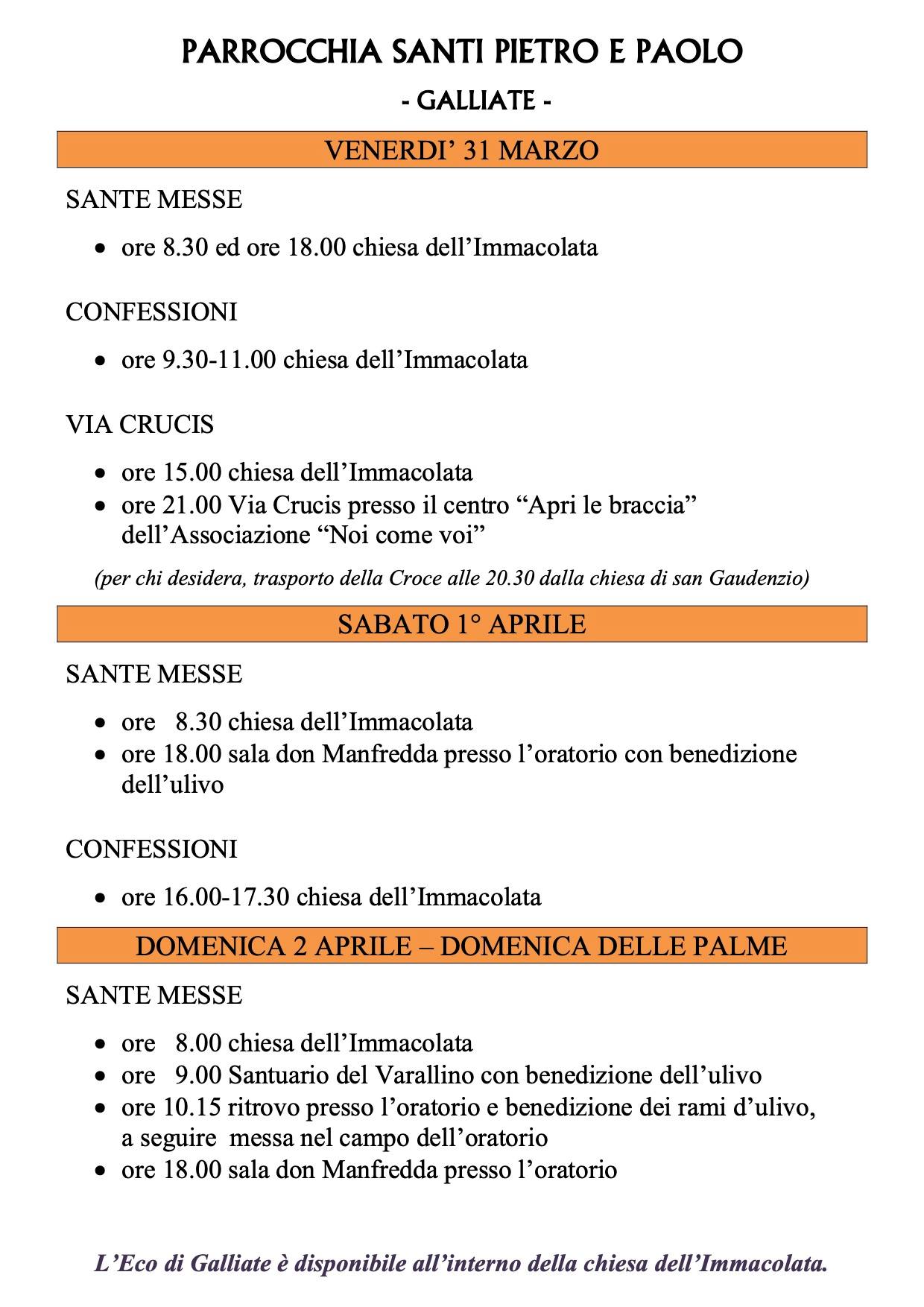 Orari messe fine settimana 31 Marzo